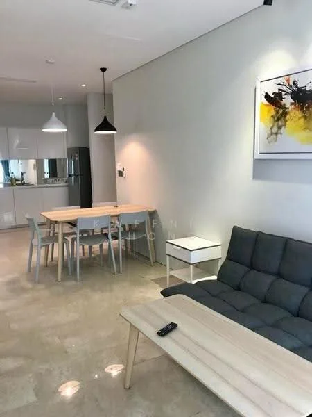 Living features: grey fabric sofa, light wood coffee table, TV remote on coffee table, pendant light fixture, wall-mounted artwork with abstract design, cream painted walls, marble flooring, dining table with four chairs; style: modern. Kitchen features: white cabinetry, stainless-steel appliances, countertop with bar seating, open layout to living area; style: modern.