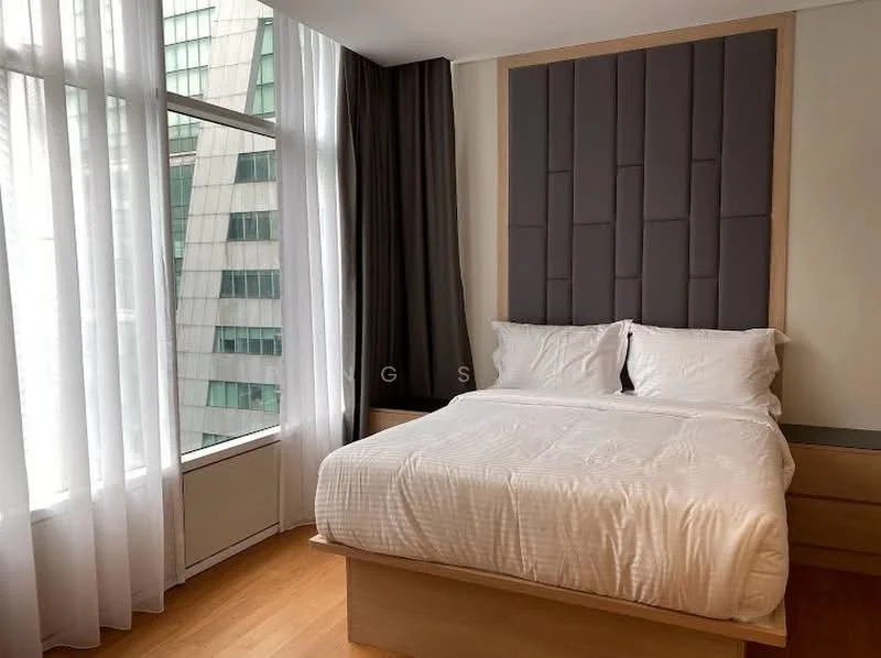 Bedroom features: king-size bed, upholstered headboard in grey, white bedding, wooden bed frame, floor-to-ceiling windows, sheer curtains, dark grey curtain, wooden flooring, wall-mounted bedside table; style: modern; view: city.
