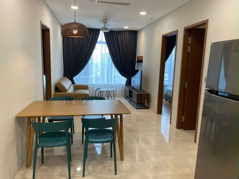 Living features: 3-seater fabric sofa in beige, wooden dining table with 4 teal chairs, floor-to-ceiling windows, dark blue curtains, marble tile flooring, recessed downlights, wall-mounted TV, TV console, ceiling fan; style: modern; view: city.
