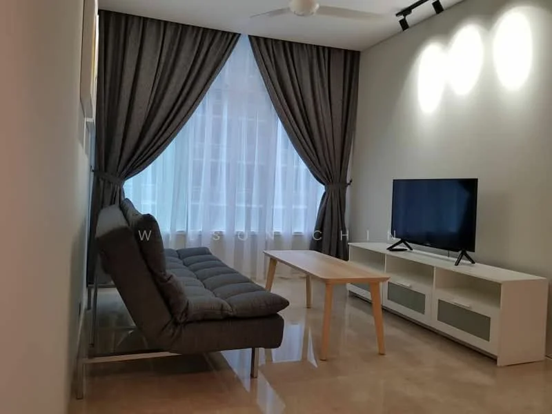 Living features: 3-seater fabric sofa in grey, wooden coffee table, wall-mounted TV, TV console with storage, floor-to-ceiling windows, sheer curtains, grey drapes, marble flooring, ceiling fan; style: modern.