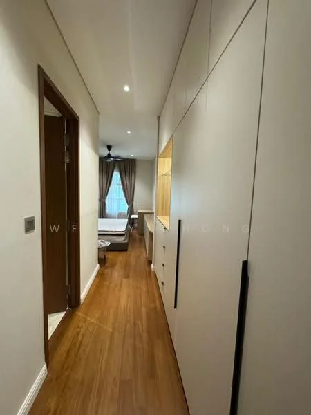 Hallway features: wooden flooring, white painted walls, recessed downlights, built-in cabinets with handles, wall-mounted shelving, door leading to another room, curtains on window, ceiling fan; style: modern.