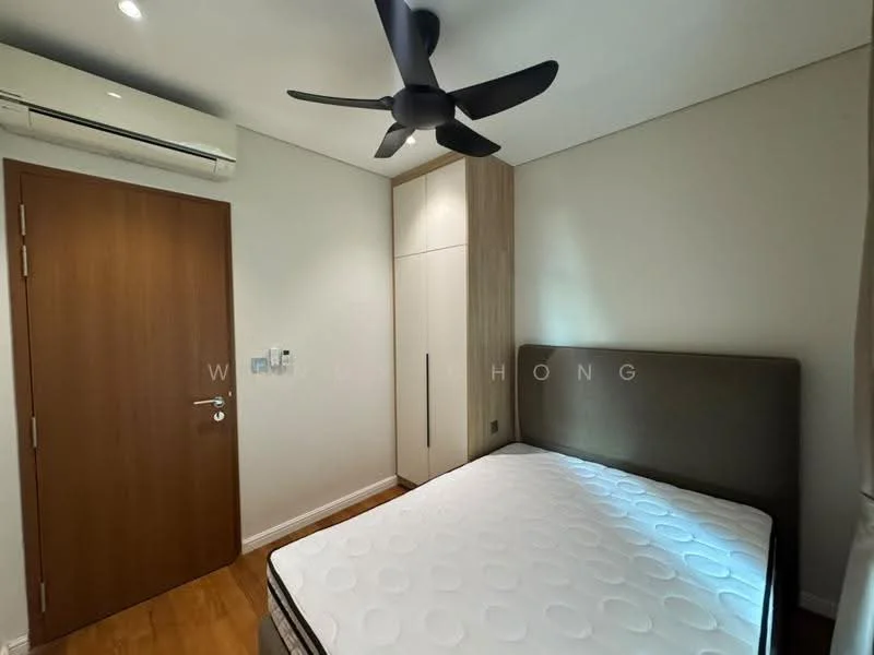 Bedroom features: queen-size bed, upholstered headboard, built-in wardrobe, wooden flooring, wall-mounted split AC, ceiling fan, white painted walls, door with handle; style: modern.