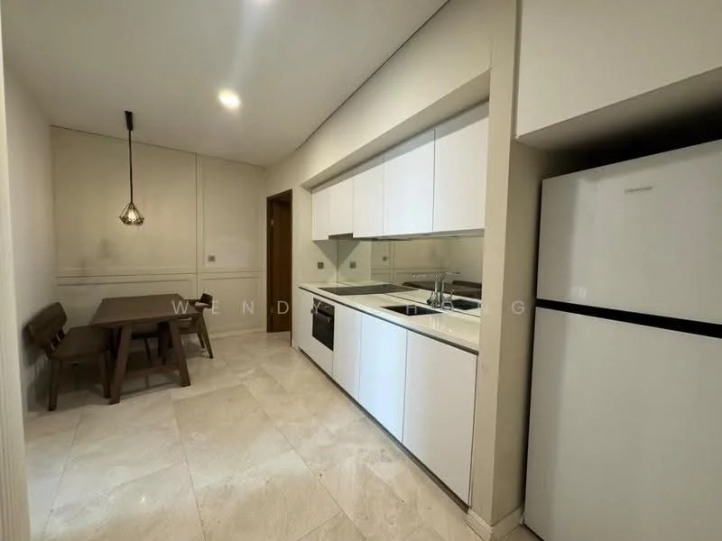Kitchen features: white cabinetry, stainless-steel sink, chrome pull-down faucet, built-in oven, freestanding range oven, stainless-steel fridge, white quartz countertop, tile backsplash, dining table with wooden finish, pendant light fixture, ceramic tile flooring, recessed downlights; style: modern.