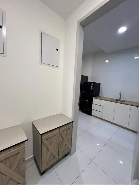 Kitchen features: white cabinets, light wood cabinetry, stainless-steel sink, chrome faucet, countertop with light color, built-in refrigerator, ceramic tile flooring, recessed lighting; style: modern. Room features: two storage cabinets, white painted walls, white ceiling, tile flooring.