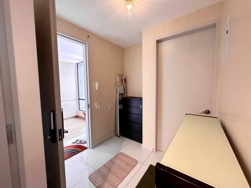 Room features: white painted walls, glossy tile flooring, ceiling light fixture, door leading to another room, door leading outside, small area rug, console table, black dresser; style: modern.
