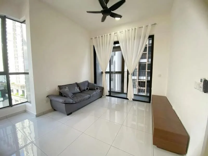 Living features: grey fabric sofa, white painted walls, white ceiling, floor-to-ceiling windows, sliding glass door, sheer curtains, 5-blade ceiling fan, glossy white tile flooring, wooden console table, natural light from windows; style: modern; view: city.