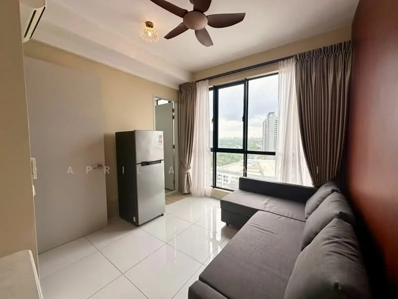 Living features: grey fabric sofa, white glossy tile flooring, 5-blade ceiling fan with light, floor-to-ceiling windows, sheer curtains, refrigerator, wall-mounted air conditioning unit, decorative light fixture; style: modern; view: city.
