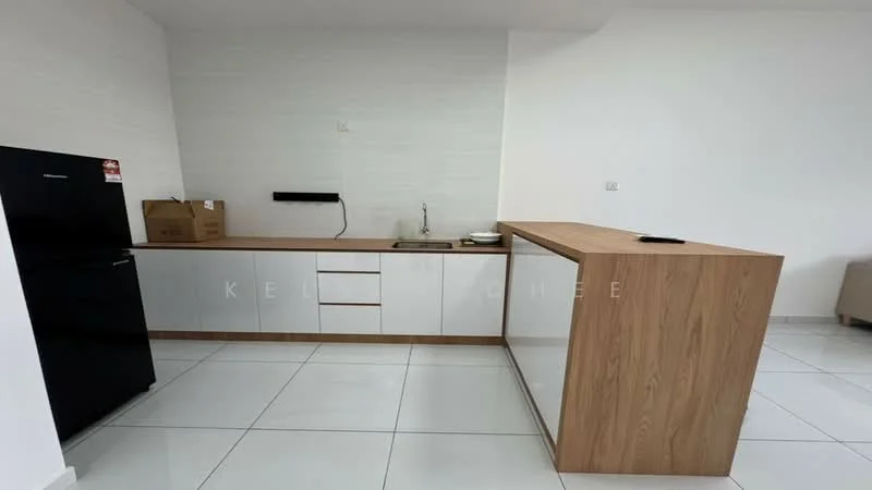 Kitchen features: white cabinetry with flat-panel design, wooden countertop, single-bowl stainless-steel sink, chrome pull-down faucet, black refrigerator, white tiled flooring, white painted walls, open layout with island, box packaging visible on countertop; style: modern.