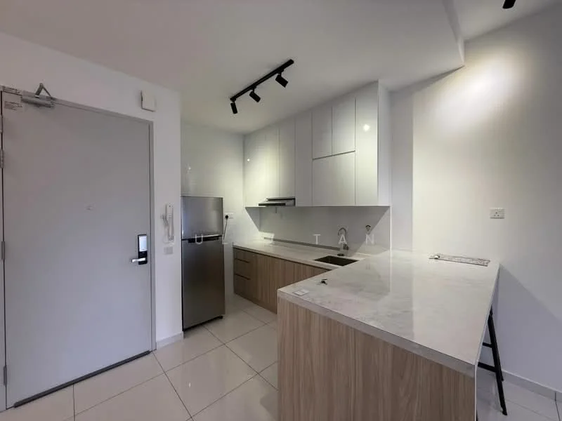 Kitchen features: white cabinets, wood cabinetry, marble countertop, stainless-steel fridge, built-in oven, stainless-steel sink, chrome pull-down faucet, tile backsplash, recessed downlights, open layout, ceramic tile flooring; style: modern.