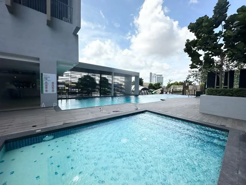 Exterior type: swimming pool deck; features: infinity pool, lap pool, wooden decking, surrounding greenery, poolside loungers, modern architectural design, partial shade structure, water features, landscaped garden area; style: modern.