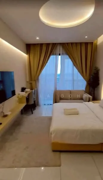 Bedroom features: queen-size bed with white bedding, upholstered headboard, bedside table, table lamp, wall-mounted TV, floating TV console, large window with sheer curtains, curtains in gold color, recessed ceiling lights, cream-colored walls, light-colored flooring, decorative plant, area rug; style: modern; view: city.