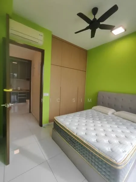 Bedroom features: green painted walls, white ceiling, 5-blade ceiling fan, queen-size bed, upholstered headboard, built-in wardrobe, white tile flooring, natural light from window, doorway leading to bathroom, air conditioning unit; style: modern.