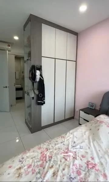 Bedroom features: white painted walls, pink accent wall, glossy white tile flooring, built-in wardrobe with sliding doors, queen-size bed with floral bedding, nightstand with drawer, recessed downlights, floor-to-ceiling mirror, wall-mounted air conditioning unit; style: modern.