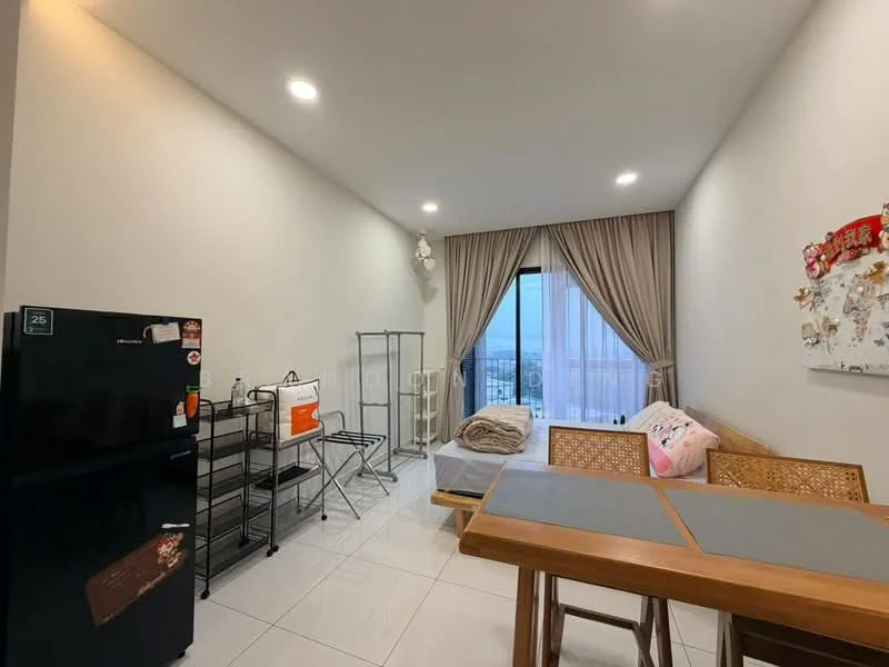 Living features: white painted walls, tile flooring, recessed downlights, floor-to-ceiling windows, sheer curtains, dining table with grey tabletop, wooden dining chairs, black fridge, metal shelving unit, bed with bedding, decorative wall art; style: modern; view: city.