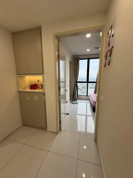 Room features: white painted walls, glossy white tile flooring, built-in cabinetry in light beige, recessed lighting, floor-to-ceiling window, curtains, doorway leading to another room, view of city skyline; style: modern; view: city.