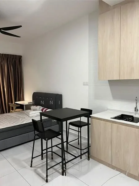 Room features: grey upholstered bed with headboard, white bedding, black dining table with four chairs, kitchenette with white countertop, stainless-steel sink, chrome faucet, wood cabinetry, white tiled flooring, brown curtains, ceiling fan; style: modern.