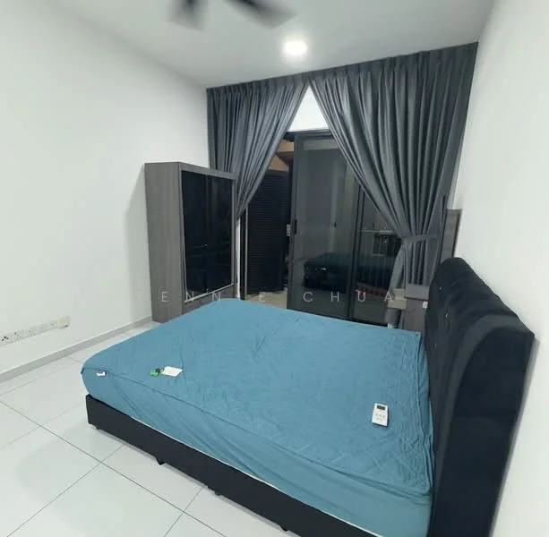 Bedroom features: queen-size bed with blue bedding, upholstered headboard, floor-to-ceiling windows, grey curtains, white painted walls, tile flooring, built-in wardrobe, ceiling fan with light; style: modern.