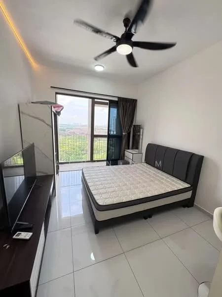 Bedroom features: queen-size bed, upholstered headboard, 2 bedside lamps, wall-mounted TV, TV console, floor-to-ceiling windows, curtains, ceiling fan with light, white painted walls, glossy tile flooring; style: modern; view: city.