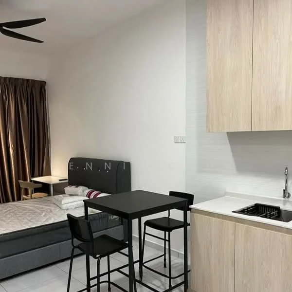Room features: grey upholstered bed, white bedding, black dining table with four chairs, light wood cabinetry, stainless-steel sink, chrome faucet, white countertop, dark brown curtains, ceiling fan, white tiled flooring, wall-mounted light fixture; style: modern.