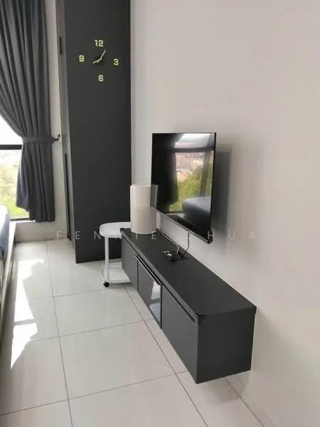 Room features: white painted walls, grey curtains, floor-to-ceiling window, black TV console, wall-mounted TV, white table lamp, round side table, large clock on wall, glossy tile flooring; style: modern; view: city.