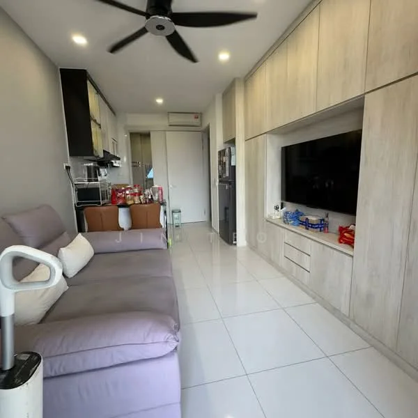Living features: 3-seater fabric sofa in lavender, white wall-mounted TV unit, flat-screen TV, recessed LED downlights, ceiling fan, white tiled flooring, built-in cabinetry, decorative items on TV unit, open shelving, neutral wall color; style: modern.