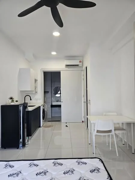Kitchen features: white cabinetry, black countertop, single-bowl stainless-steel sink, chrome pull-down faucet, built-in oven, freestanding washing machine, refrigerator, ceramic tile flooring, recessed downlights; style: modern. Living features: dining table with white surface, two white chairs, ceiling fan, air conditioning unit, white walls, large window, tile flooring, decorative plant; style: modern.