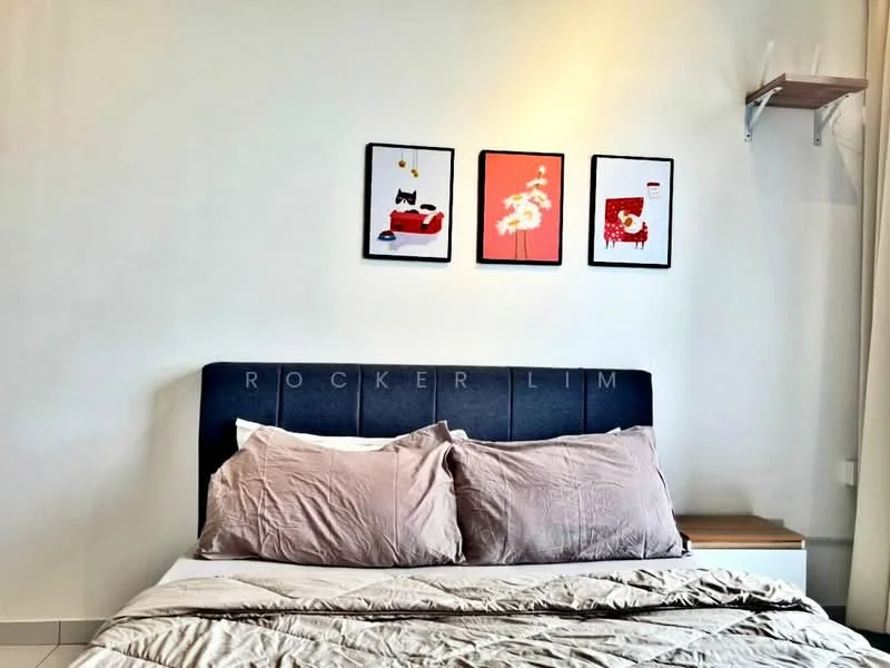 Bedroom features: king-size bed, upholstered headboard, bedding in neutral tones, two bedside pillows, framed artwork on walls, wooden bedside table, shelf mounted on wall, white painted walls, natural light from window, floor tiles, curtains, decorative items on shelf; style: modern.