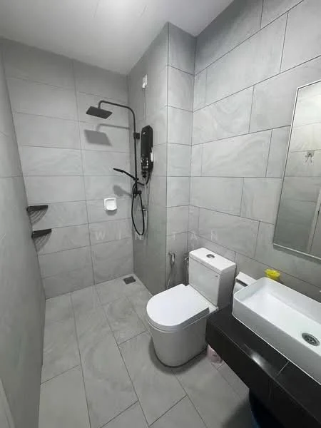Bathroom features: grey tiled walls, grey tiled flooring, walk-in shower with rain shower head, handheld shower, wall-mounted shower control, one-piece toilet, single-sink vanity with dark cabinet, framed mirror, soap dispenser, shower shelf; style: modern.
