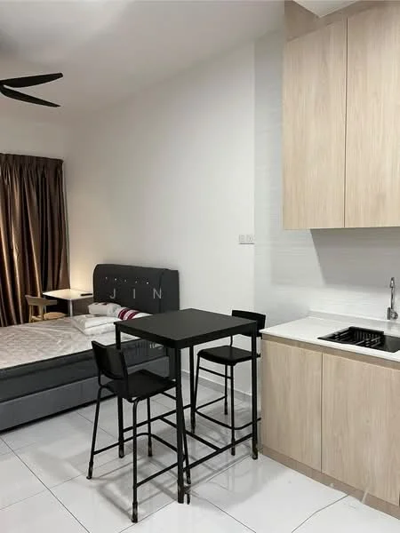 Room features: grey upholstered bed, black dining table with four chairs, light wood cabinetry, white countertop, single-bowl stainless-steel sink, chrome pull-down faucet, white tiled flooring, brown curtains, ceiling fan with light, bedside lamp; style: modern.