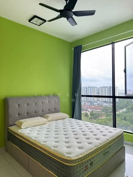 Bedroom features: green painted walls, white ceiling, 5-blade ceiling fan, floor-to-ceiling windows, curtains, queen-size bed, upholstered headboard, mattress on bed frame, tile flooring, city view; style: modern; view: city.