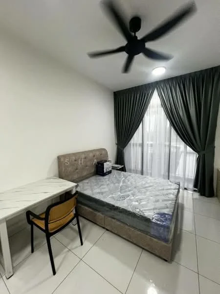Bedroom features: queen-size bed with upholstered headboard, white bedding, marble-top bedside table, black dining chair, white painted walls, sliding glass door, floor-to-ceiling curtains in dark green, ceiling fan with light, tile flooring, window with sheer curtains; style: modern.