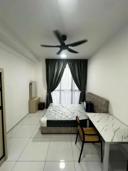 Bedroom features: queen-size bed, upholstered headboard, 2 bedside lamps, study desk with marble top, wooden chair, floor-to-ceiling window, sheer curtains, dark green blackout curtains, wall-mounted mirror, built-in wardrobe, white painted walls, glossy tile flooring, 5-blade ceiling fan with light; style: modern.