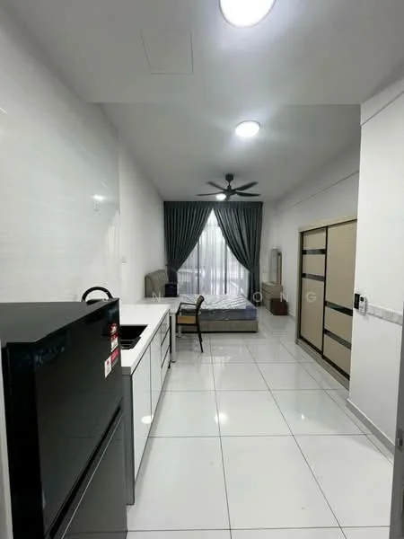 Kitchen features: white cabinetry, black refrigerator, white countertop, stainless-steel sink, chrome pull-down faucet, ceramic tile flooring, recessed LED downlights; style: modern. Bedroom features: queen-size bed, upholstered headboard, bedside table, floor-to-ceiling windows with sheer curtains, ceiling fan, wall-mounted wardrobe, light-colored walls, ceramic tile flooring; style: modern.