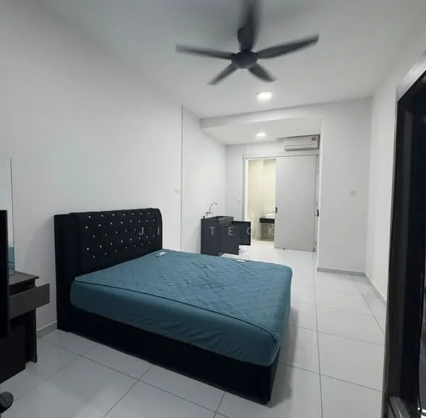 Bedroom features: king-size bed with upholstered headboard, blue bedspread, 2 bedside tables, black bedside lamps, ceiling fan with light, white painted walls, white tiled flooring, built-in wardrobe with sliding doors, recessed LED downlights; style: modern.