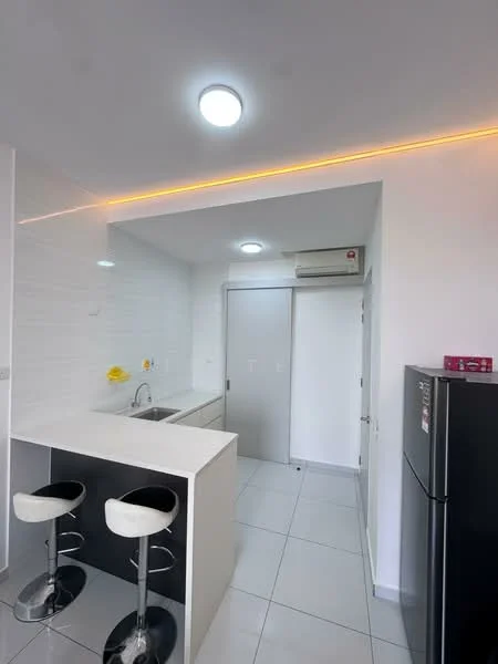 Kitchen features: white cabinetry, marble countertop, single-bowl stainless-steel sink, chrome pull-down faucet, stainless-steel fridge, bar seating with two stools, recessed LED downlights, white tiled backsplash, grey tiled flooring, wall-mounted split AC; style: modern.
