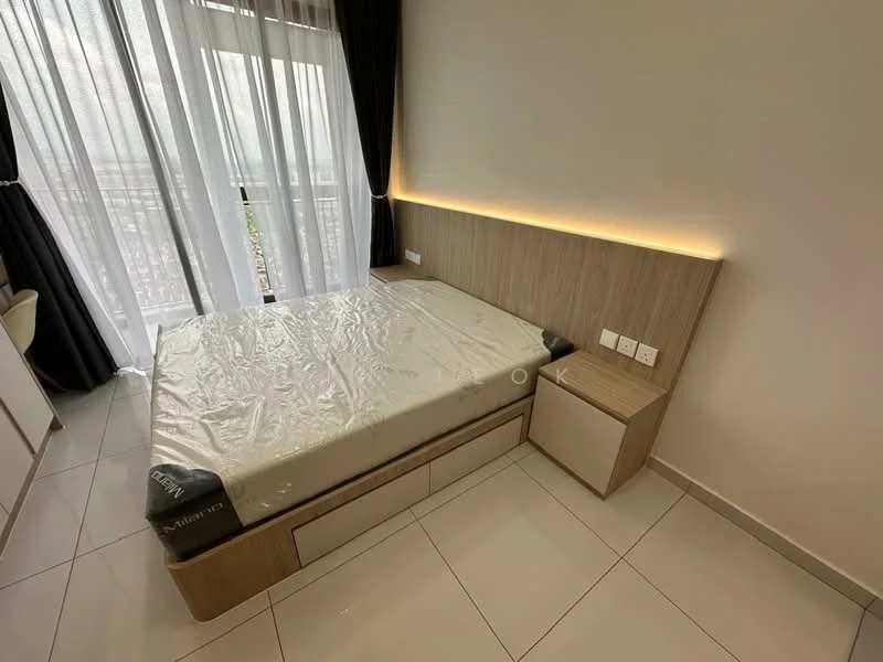 Bedroom features: queen-size bed, wooden bed frame, nightstand with drawer, white walls, floor-to-ceiling windows, sheer curtains, tile flooring, LED strip lighting behind headboard; style: modern; view: city.