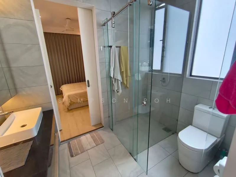 Bathroom features: glass shower enclosure, rain shower head, handheld shower, single-sink vanity with wood cabinet, white basin, one-piece toilet, large mirror, grey tiled walls, light grey floor tiles, towel rack, window with frosted glass; style: modern.
