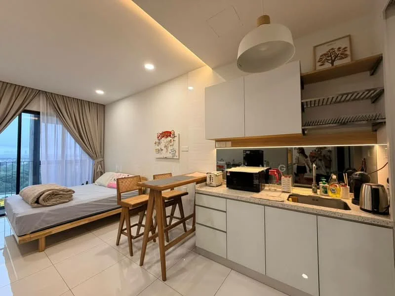 Living features: queen-size bed, wooden bed frame, floor-to-ceiling windows, sheer curtains, white painted walls, recessed downlights, light wood shelving, kitchenette with countertop, stainless-steel sink, chrome pull-down faucet, built-in cabinets, microwave, coffee machine, kettle, bar stools, dining table, ceramic tile flooring; style: modern; view: city.