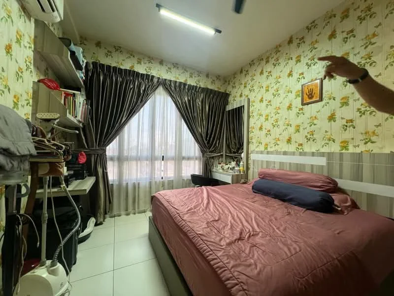 Bedroom features: queen-size bed with maroon bedding, upholstered headboard, floor-to-ceiling windows with sheer curtains, dark brown curtains, wooden bedside table, wall-mounted mirror, built-in wardrobe with sliding doors, shelves with books and decorative items, white tiled flooring, air conditioning unit, decorative wall art, floral wallpaper; style: modern.