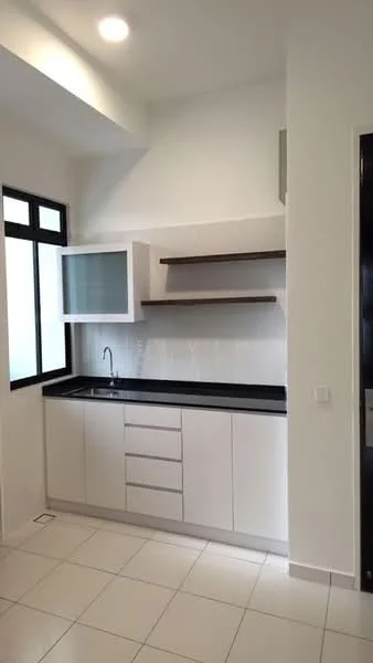 Kitchen features: white cabinetry with flat-panel doors, black countertop, single-bowl stainless-steel sink, chrome pull-down faucet, open shelving above countertop, white tiled backsplash, white walls, tile flooring, window above sink; style: modern.
