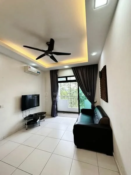 Living features: 5-blade ceiling fan with integrated LED light, wall-mounted TV, black leather sofa, glass coffee table, white painted walls, recessed ceiling lighting, floor-to-ceiling windows, sliding glass door, grey curtains, white tile flooring, wall-mounted split AC; style: modern; view: garden.