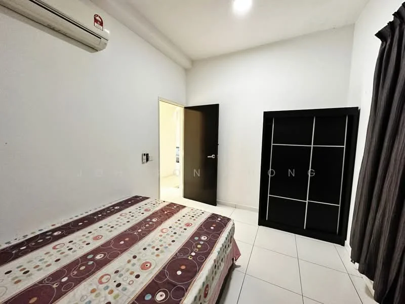 Bedroom features: white painted walls, tile flooring, queen-size bed with patterned bedspread, built-in wardrobe with sliding doors, 1 wall-mounted split AC, curtains, door leading to bathroom, ceiling light.