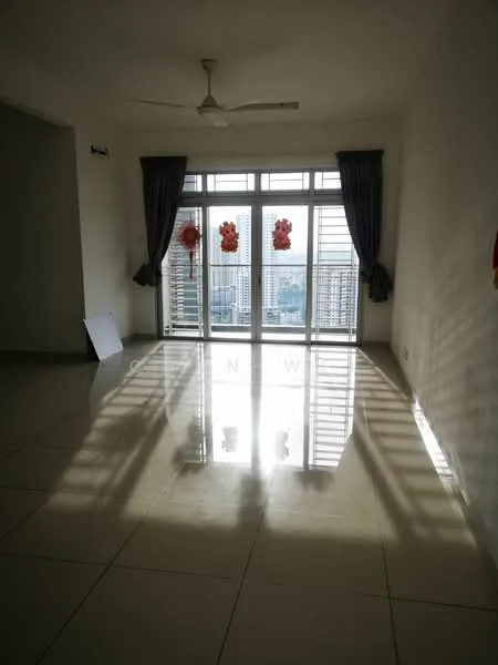 Living features: large floor-to-ceiling windows, grey curtains, white painted walls, glossy tile flooring, ceiling fan, city view, decorative wall hangings, natural light; style: modern; view: city.
