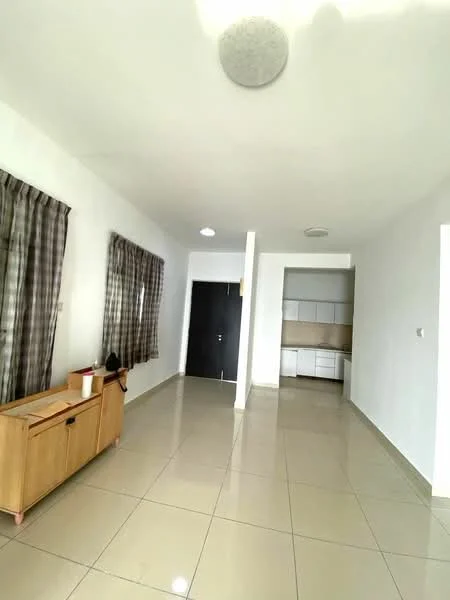 Living features: white painted walls, glossy tile flooring, large windows with checkered curtains, ceiling light fixture, wooden sideboard, open layout to kitchen, neutral color scheme; style: modern. Kitchen features: white cabinetry, light-colored countertop, open layout to living area; style: modern.