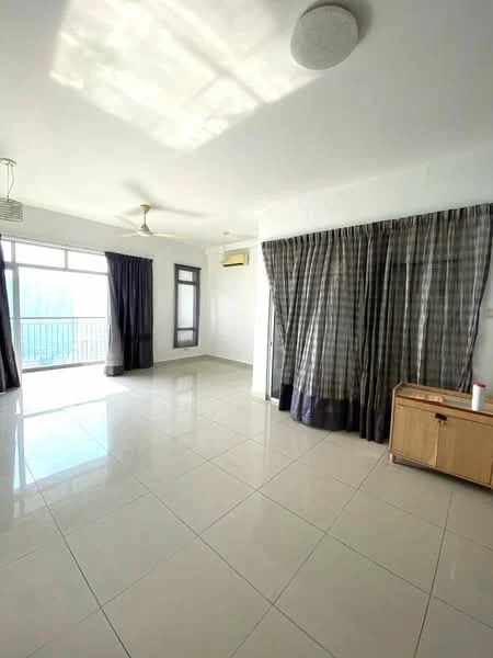 Living features: white painted walls, glossy ceramic tile flooring, 5-blade ceiling fan, floor-to-ceiling windows, blackout curtains, sheer curtains, air conditioning unit, wooden sideboard; style: modern; view: city.