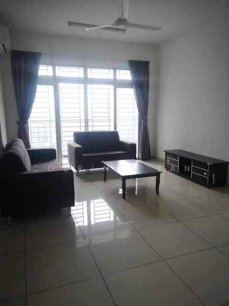 Living features: 2-seater fabric sofa in dark brown, 3-seater fabric sofa in dark brown, glass coffee table, TV console in black, floor-to-ceiling windows, sheer curtains in grey, white painted walls, glossy tile flooring, 1 wall-mounted split AC, ceiling fan; style: modern; view: city.
