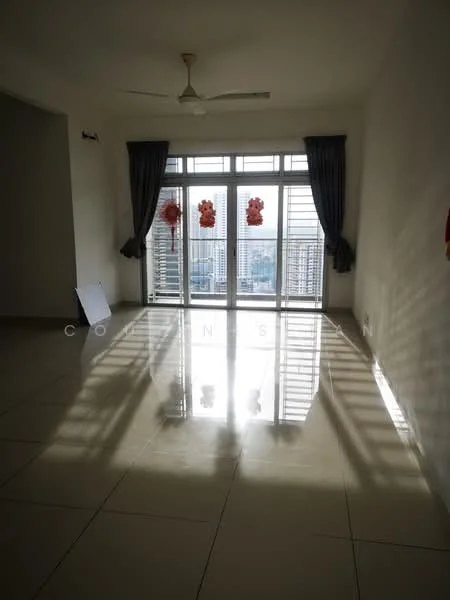Living features: large floor-to-ceiling windows, grey curtains, white painted walls, glossy tile flooring, ceiling fan, decorative wall hangings, natural light, city view; style: modern; view: city.