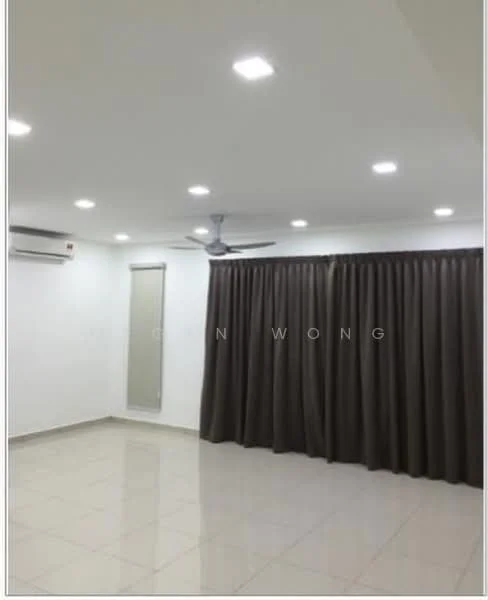 Living features: white painted walls, polished ceramic tile flooring, recessed LED downlights, 5-blade ceiling fan, floor-to-ceiling window with sheer curtains, dark brown curtains, 1 wall-mounted split AC; style: modern.