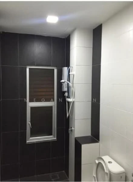 Bathroom features: black and white tiled walls, ceramic tile flooring, window with sliding glass, shower with wall-mounted showerhead, toilet, electric water heater, recessed LED downlight; style: modern.