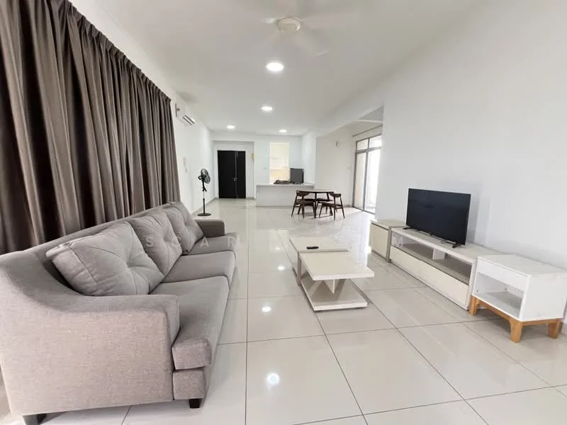 Living features: 3-seater fabric sofa in grey, coffee table, TV console, wall-mounted TV, floor-to-ceiling windows, white walls, white tiled flooring, ceiling fan, curtains in dark brown, dining table with chairs visible in background; style: modern.